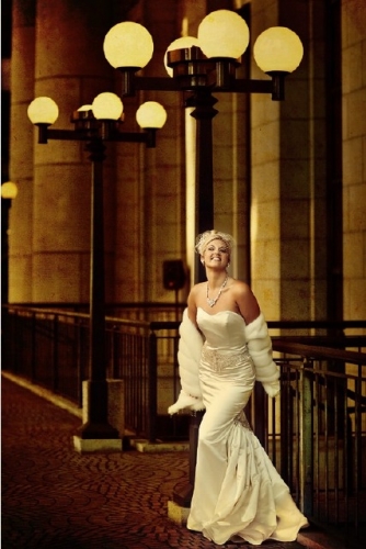 b. Hughes Bridal Badgley Mischka Gown Bride Standing at the Top of Stairwell