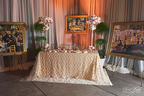 champagne, cream, white, and pink flower arrangements for monet theme