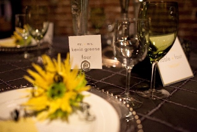 Opulent Couturier Sunflower Wedding Design in Yellow, Gray and Green Place Cards