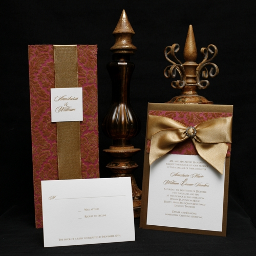 Southall Eden Paperie Gold Ribbon and Fabric Pink Wedding Invitation