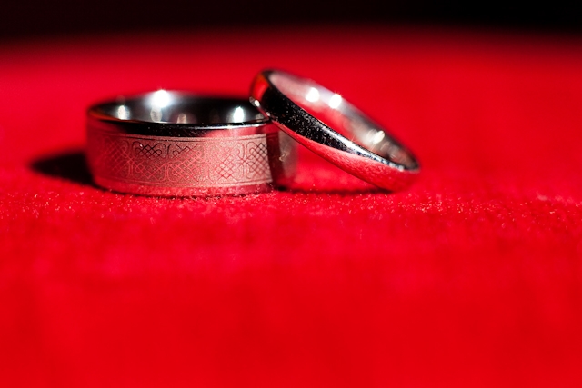 Red and Blue DIY Wedding by Jonathon Campbell Photography Rings displayed on Red