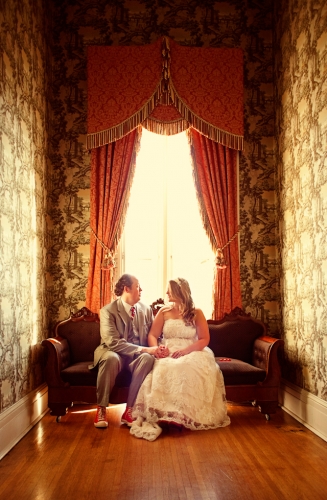 Red and Blue DIY Wedding by Jonathon Campbell Photography Couple on Bench