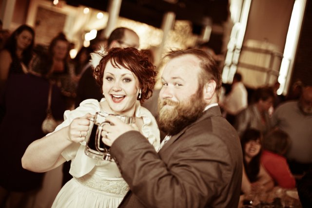 nashville wedding, toast, bride and groom, beer, reception