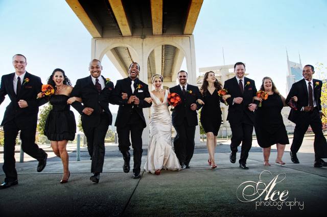 bridal party, nashville wedding, downtown, bridge, fun photo, ace photography