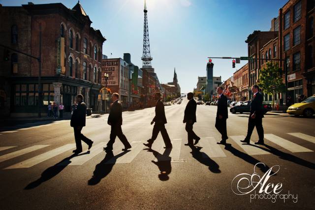 mock beatles photo, nashville wedding, broadway, downtown, bridal party
