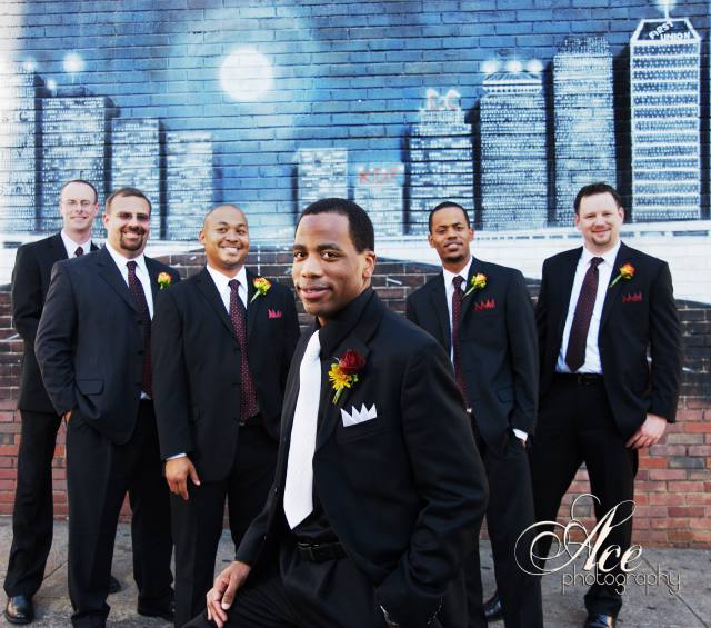 groomsmen, nashville wedding, groom, downtown, brick wall, skyline