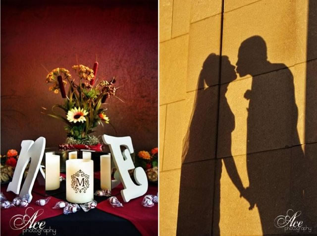 initials, silhouette, bride, groom, nashville wedding, red