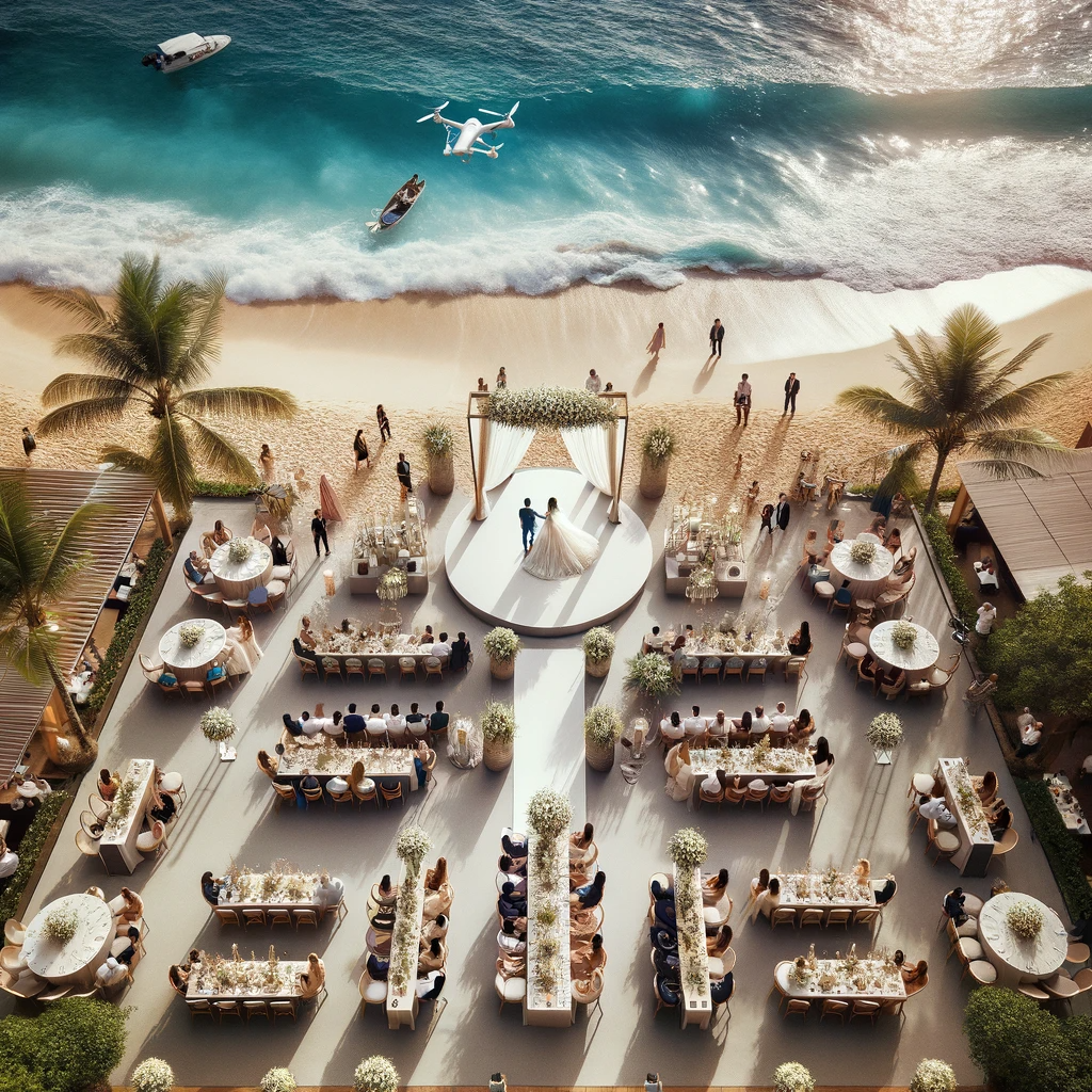 Drone capturing a stunning aerial view of a wedding celebration, showcasing the unique beauty of drone photography in wedding
