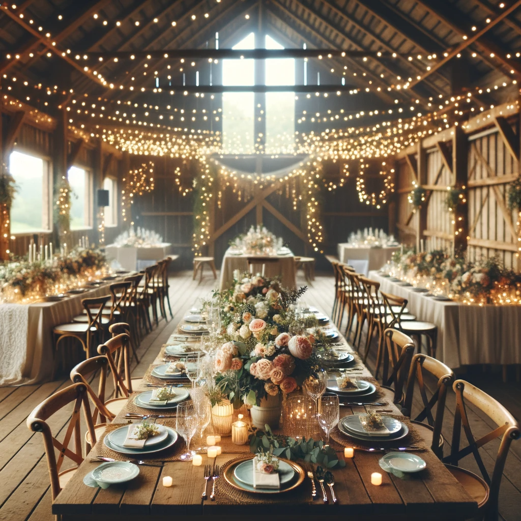 Small Wedding Reception Setting in a Rustic Barn