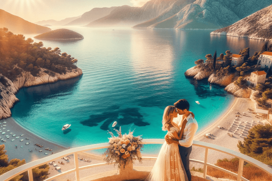 Romantic beach scene in Croatia with a couple embracing, symbolizing an idyllic honeymoon in Croatia.