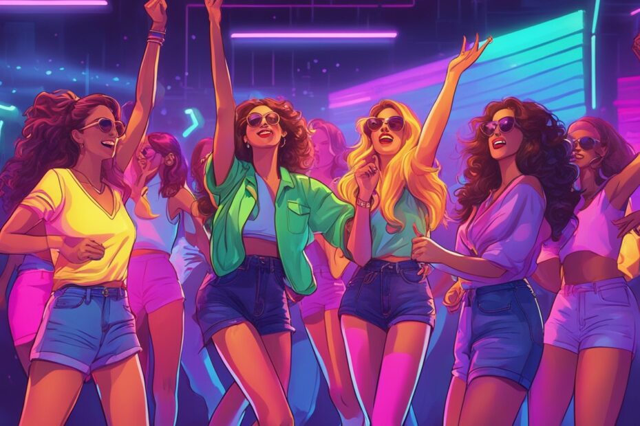 A group of women in 90s attire dance under neon lights at a bachelorette party