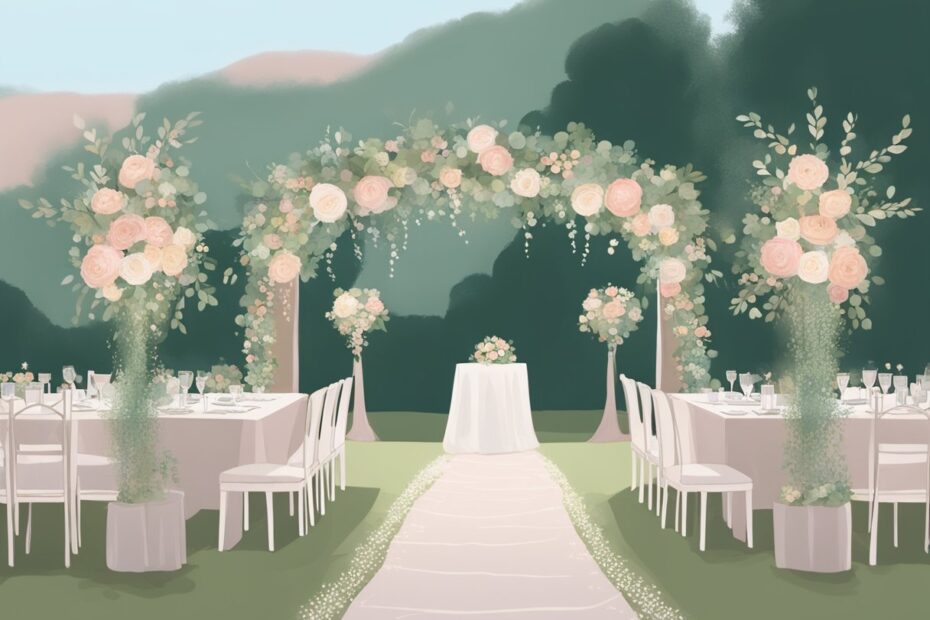 A dusty rose and sage green wedding: A floral arch frames an outdoor ceremony. Tables are adorned with pastel centerpieces. Twinkling lights illuminate the reception area