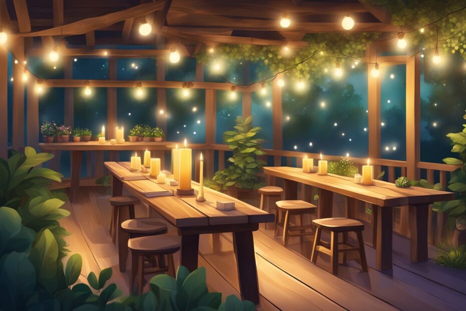A cozy, candlelit room with rustic wooden tables and soft, ambient lighting. A small stage for live music, surrounded by lush greenery and twinkling fairy lights
