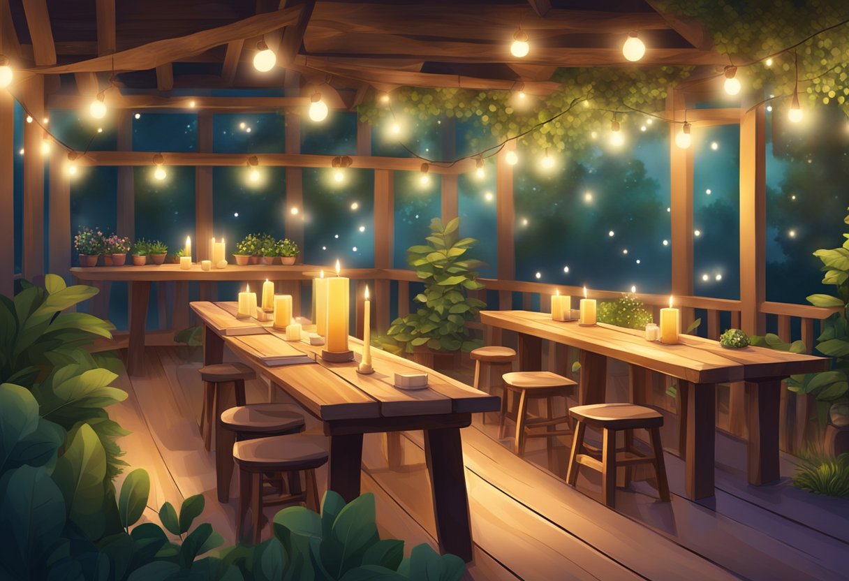 A cozy, candlelit room with rustic wooden tables and soft, ambient lighting. A small stage for live music, surrounded by lush greenery and twinkling fairy lights