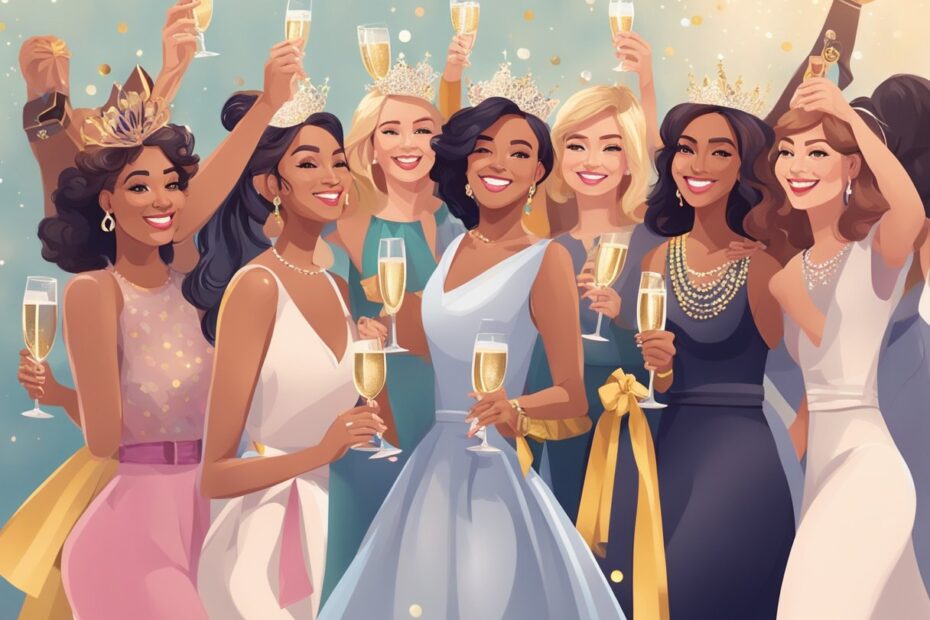 A group of women celebrating with champagne and decorations, some wearing sashes and tiaras, while others hold gift bags and take selfies