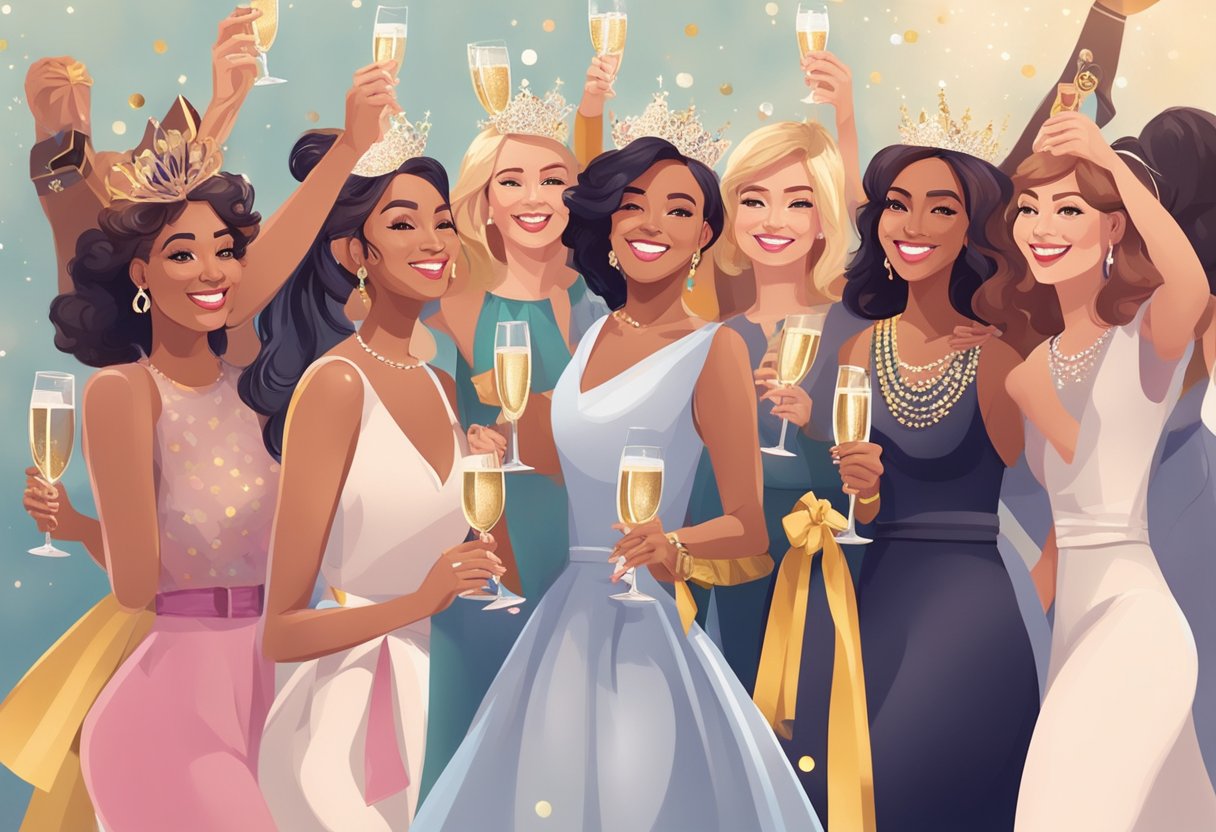 A group of women celebrating with champagne and decorations, some wearing sashes and tiaras, while others hold gift bags and take selfies